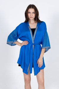 Satin kimono with knitted details royal blue