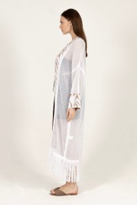 Cotton blend open knit fringed jacquard kimono white -warm sand