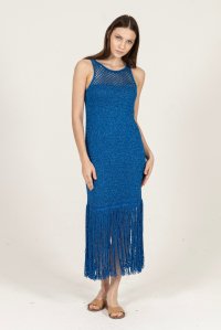 Metallic open-knit fringed maxi dress royal blue