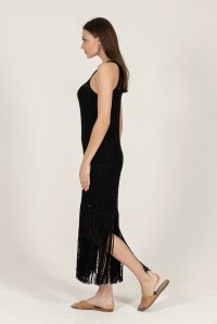 Metallic open-knit fringed maxi dress black