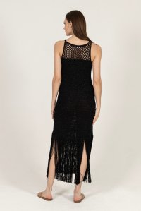 Metallic open-knit fringed maxi dress black
