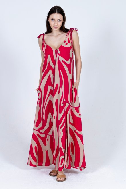 Βισκόζ μακρύ φόρεμα με αφηρημένο μοτίβο και πλεκτές λεπτομέριες fuchsia-beige