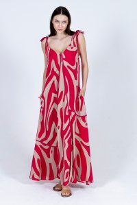 Viscose abstract print maxi dress with knitted details fuchsia-beige