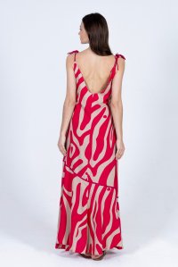 Viscose abstract print maxi dress with knitted details fuchsia-beige