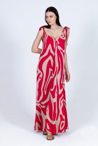 Βισκόζ μακρύ φόρεμα με αφηρημένο μοτίβο και πλεκτές λεπτομέριες fuchsia-beige