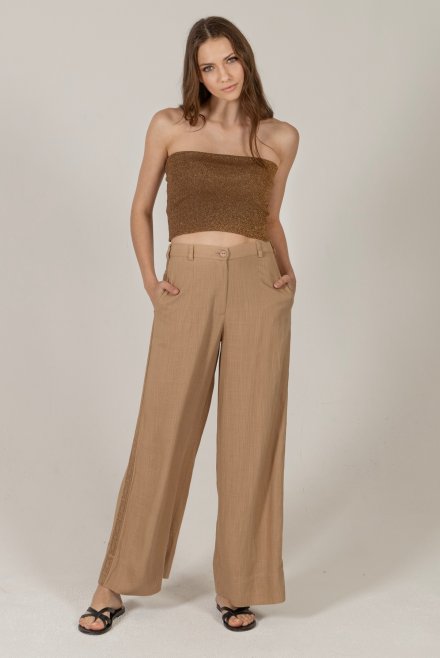 Linen blend wide leg pants with knitted details camel