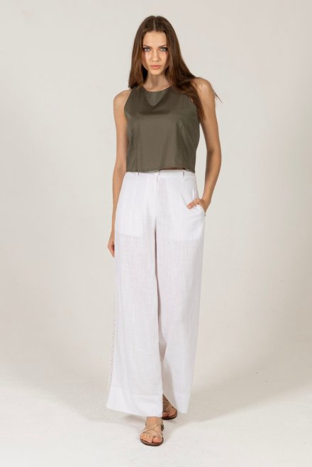 Linen blend wide leg pants with knitted details ivory