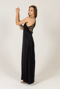 Satin maxi dress with handmade knitted details black