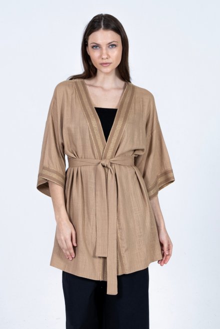 Linen blend kimono with knitted details camel