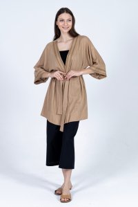 Linen blend kimono with knitted details camel