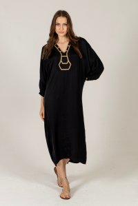 Σατέν φόρεμα-καφτάνι με πλεκτές λεπτομέρεις black
