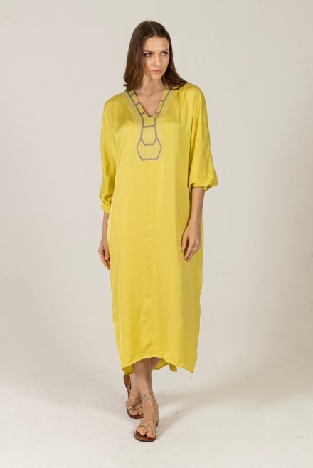 Σατέν φόρεμα-καφτάνι με πλεκτές λεπτομέρεις lime