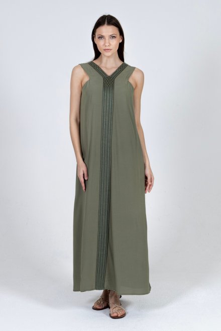 Crepe marocaine maxi dress with knitted details khaki
