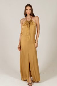 Satin maxi dress with knitted details gold