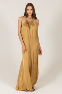 Satin maxi dress with knitted details gold