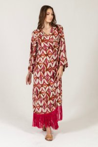 Viscose printed fringed kimono-dress multicolored fuchsia