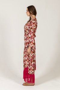 Viscose printed fringed kimono-dress multicolored fuchsia