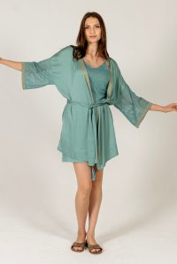 Satin kimono with knitted details teal
