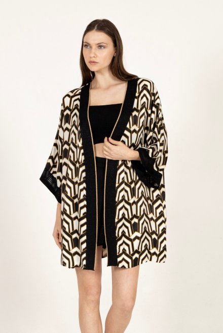 Satin printed kimono with knitted details black-ivory-gold