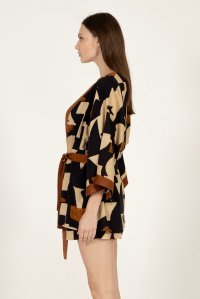 Linen blend printed kimono wih knitted details black-rust