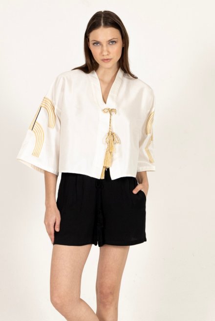 Embroidered jaquard short kimono with knitted details champagne-gold-black