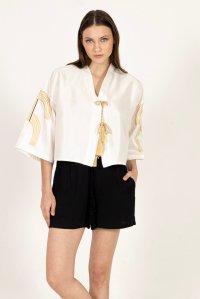 Embroidered jaquard short kimono with knitted details champagne-gold-black