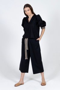 Poplin wide leg pants with knitted details black