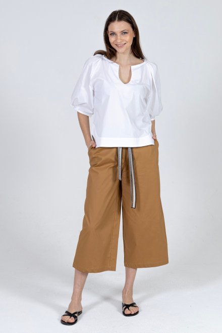 Poplin wide leg pants with knitted details camel