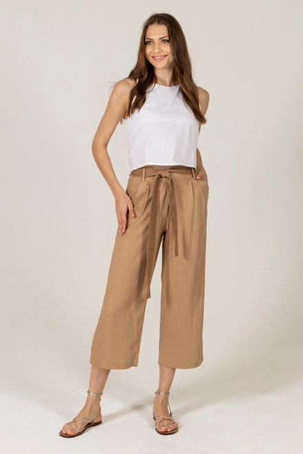Linen blend pants with knitted details camel
