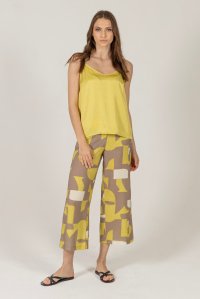 Linen blend printed pants with knitted details lime -elephant