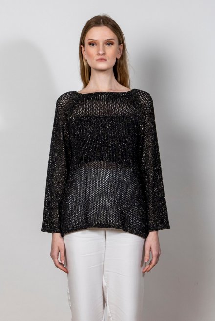 Lurex-cotton open knit sweater black