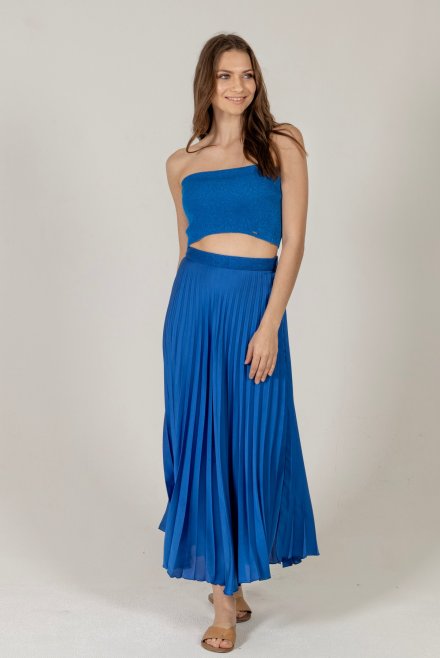 Σατέν πλισέ μίντι φούστα με πλεκτές λεπτομέριες royal blue