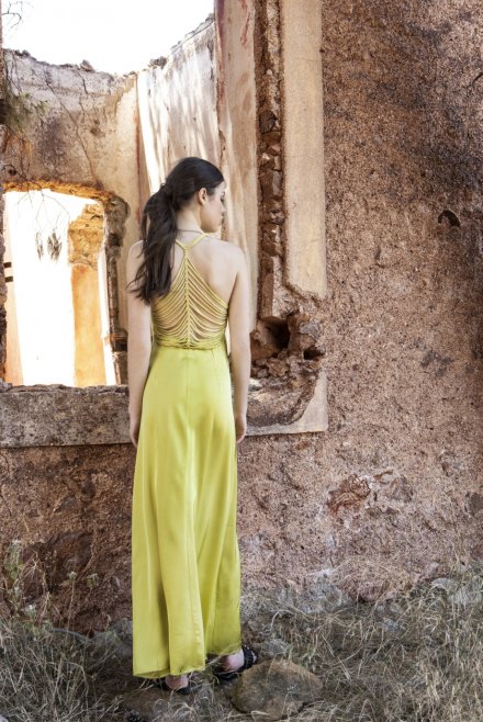 Satin maxi dress with handmade knitted details lime