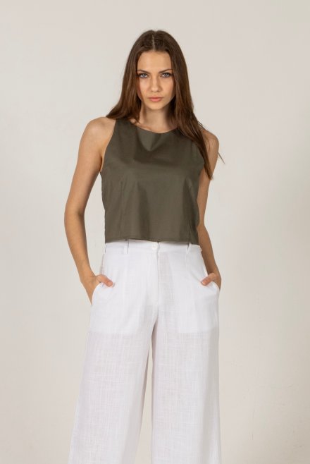 Poplin basic cropped top with knitted details khaki