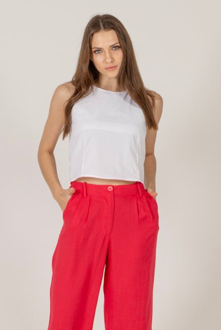 Poplin basic cropped top with knitted details white