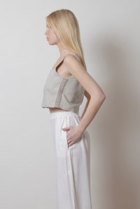 Linen blend cropped  top with knitted details ice