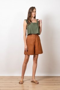 Linen blend cropped  top with knitted details khaki