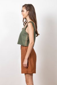 Linen blend cropped  top with knitted details khaki