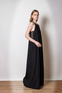 Linen blend cut-out dress with knitted details black