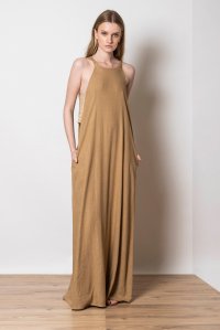 Linen blend cut-out dress with knitted details dark beige