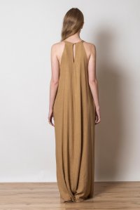 Φόρεμα με λινό και πλεκτές λεπτομέρειες dark beige