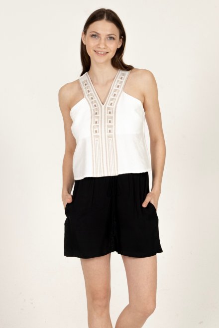 Sleeveless cropped top with knitted details ivory