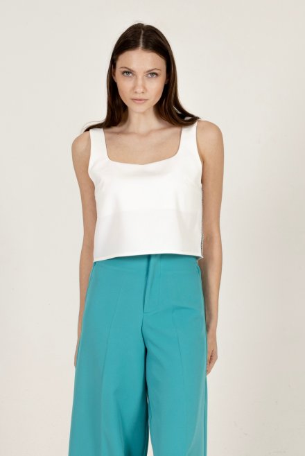 Stretch cropped sleeveless top with knitted details ivory