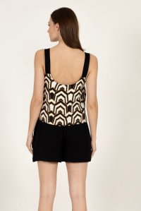 Satin printed tank top with knitted details black-ivory-gold