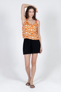 Satin printed tank top with knitted details orange-ivory-gold