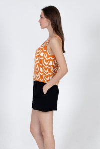 Satin printed tank top with knitted details orange-ivory-gold