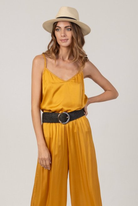 Satin basic top with knitted details yellow