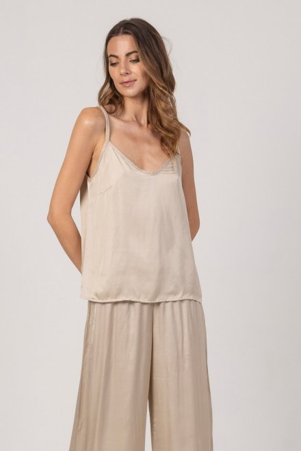 Satin basic top with knitted details light beige
