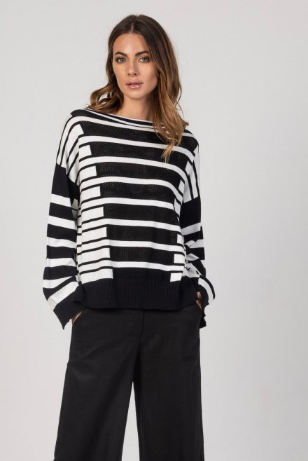 Cotton blend striped sweater black-ivory