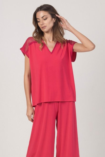 Jersey short sleeved top with knitted details fuchsia